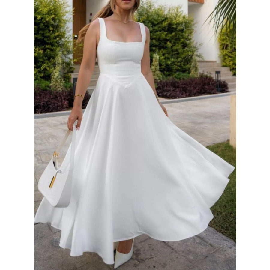 Square Neck Wide Strap A-Line Dress White / S Apparel and Accessories