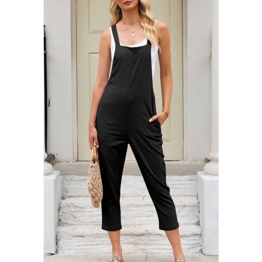 Square Neck Wide Strap Cropped Overalls Black / S Clothing