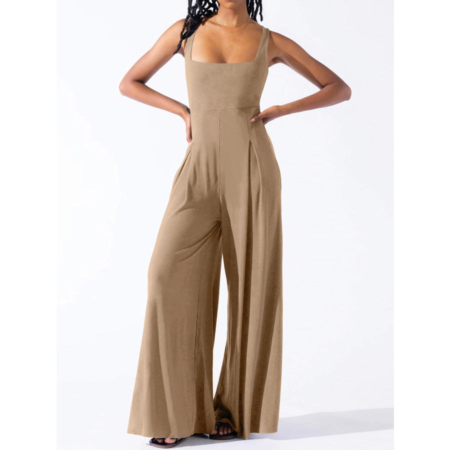 Square Neck Wide Strap Jumpsuit Camel / S Apparel and Accessories