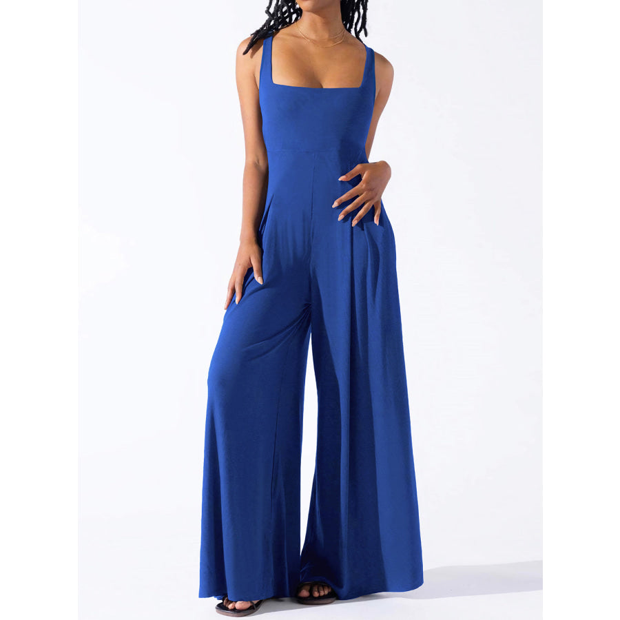 Square Neck Wide Strap Jumpsuit Apparel and Accessories