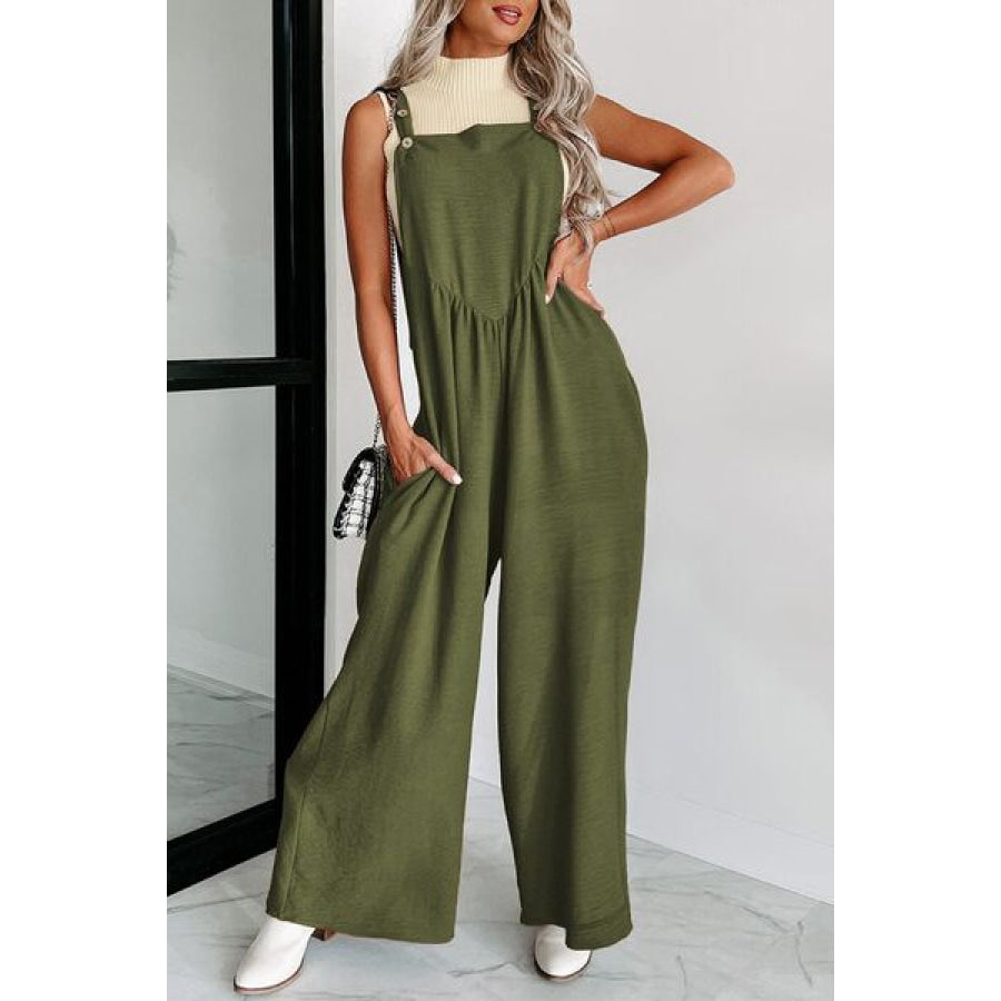 Square Neck Wide Strap Jumpsuit Army Green / S Apparel and Accessories