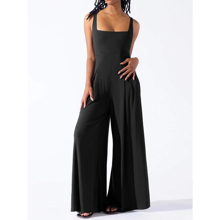 Square Neck Wide Strap Jumpsuit Black / S Apparel and Accessories