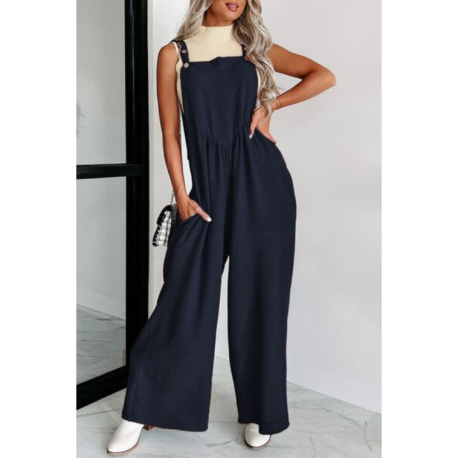 Square Neck Wide Strap Jumpsuit Navy / S Apparel and Accessories