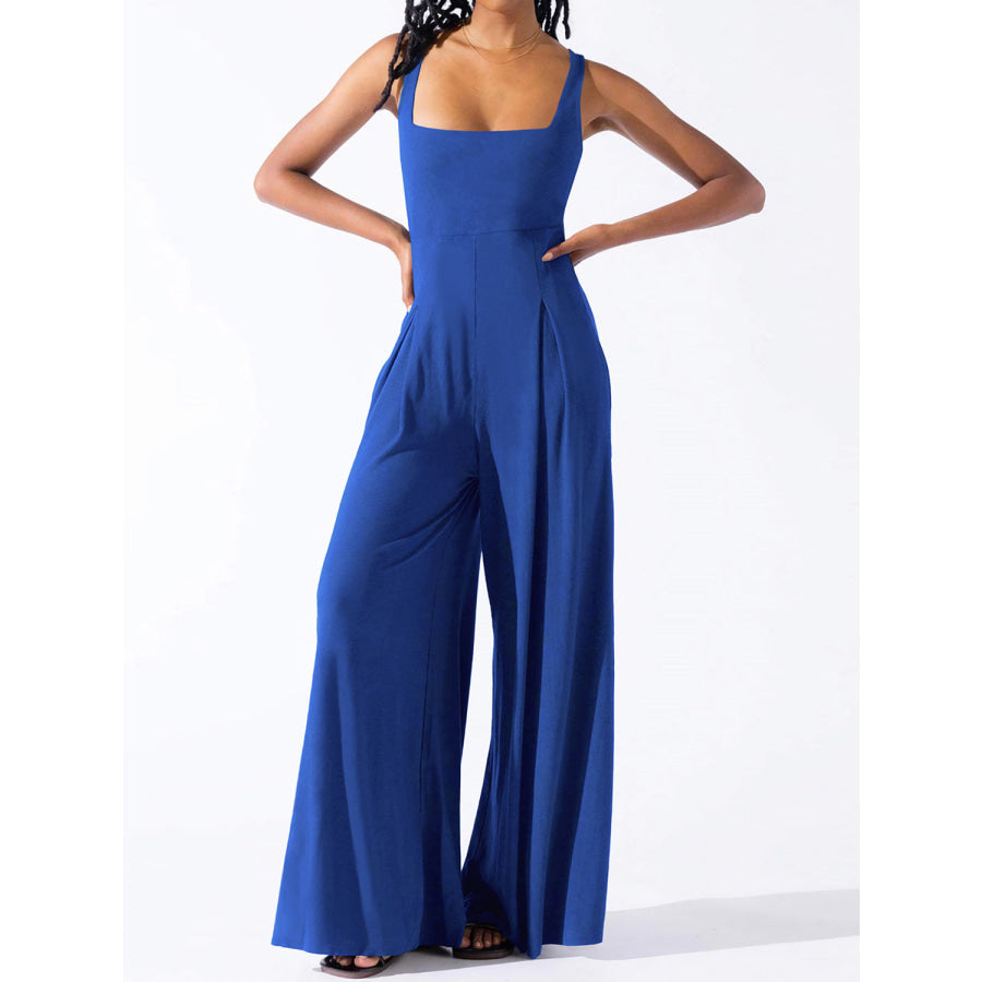 Square Neck Wide Strap Jumpsuit Royal Blue / S Apparel and Accessories