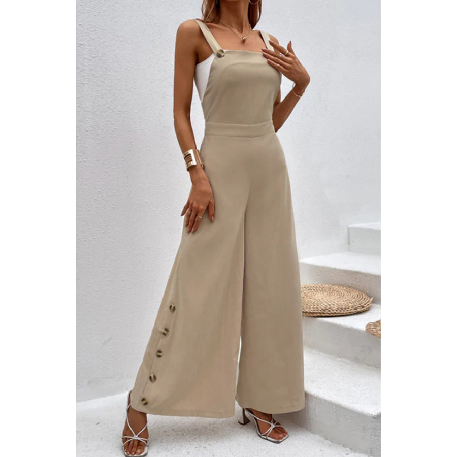 Square Neck Wide Strap Jumpsuit Tan / S Apparel and Accessories