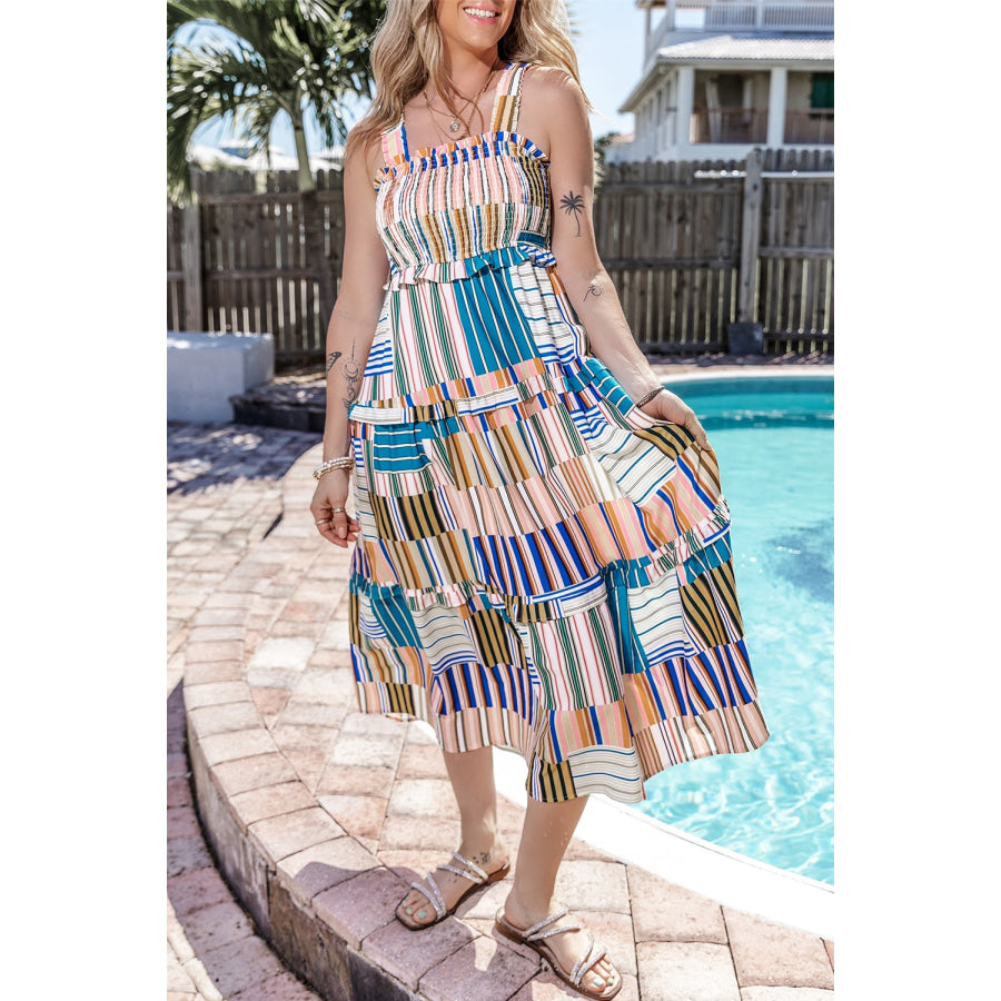 Square Neck Wide Strap Midi Dress Multicolor / S Apparel and Accessories