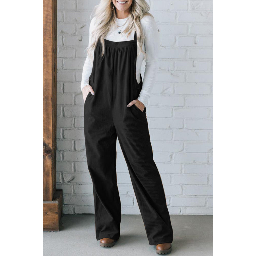 Square Neck Wide Strap Overalls Black / S Apparel and Accessories