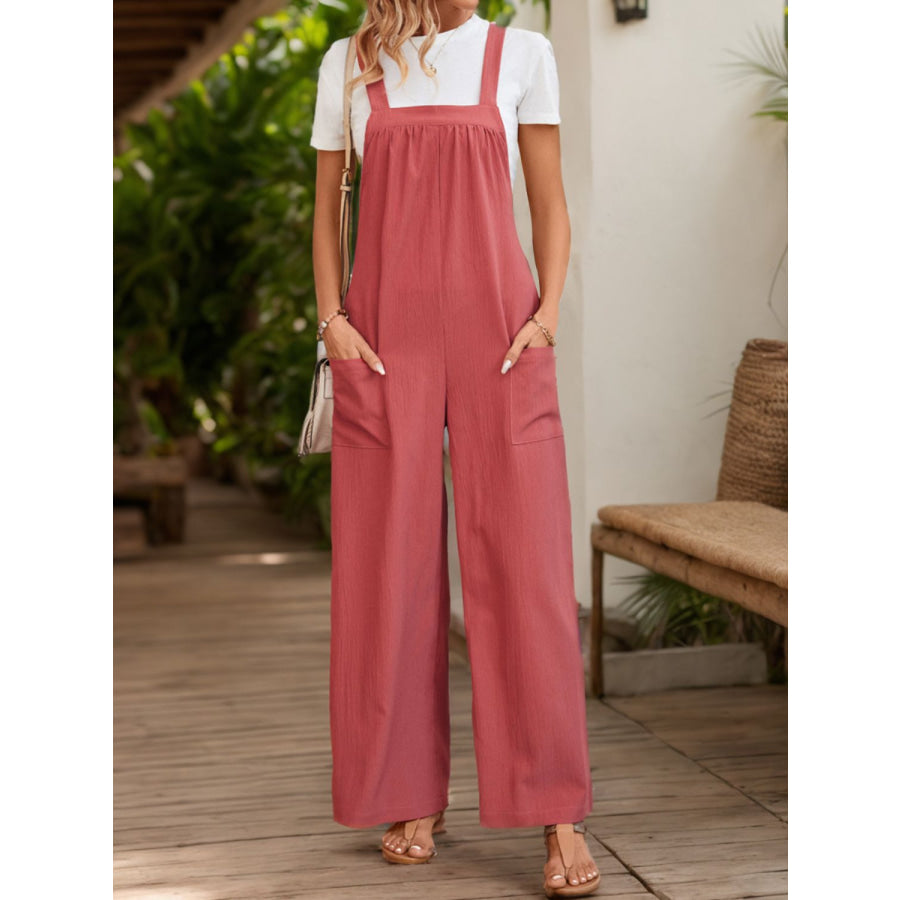 Square Neck Wide Strap Overalls Strawberry / S Apparel and Accessories