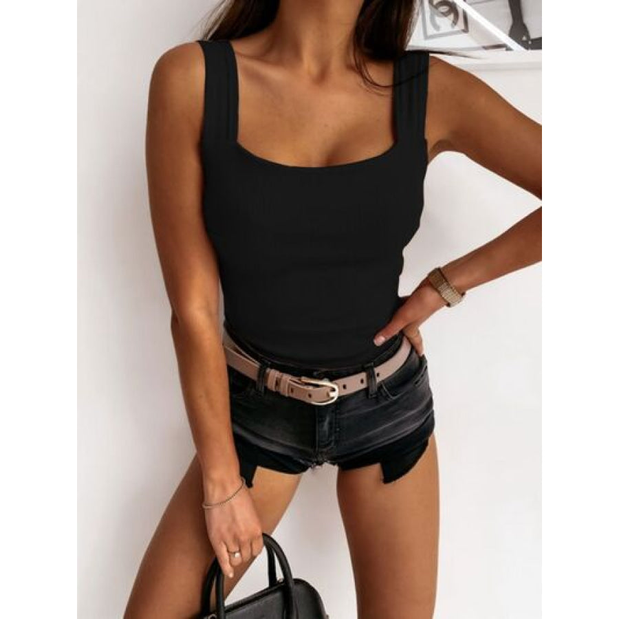 Square Neck Wide Strap Tank Black / S Apparel and Accessories