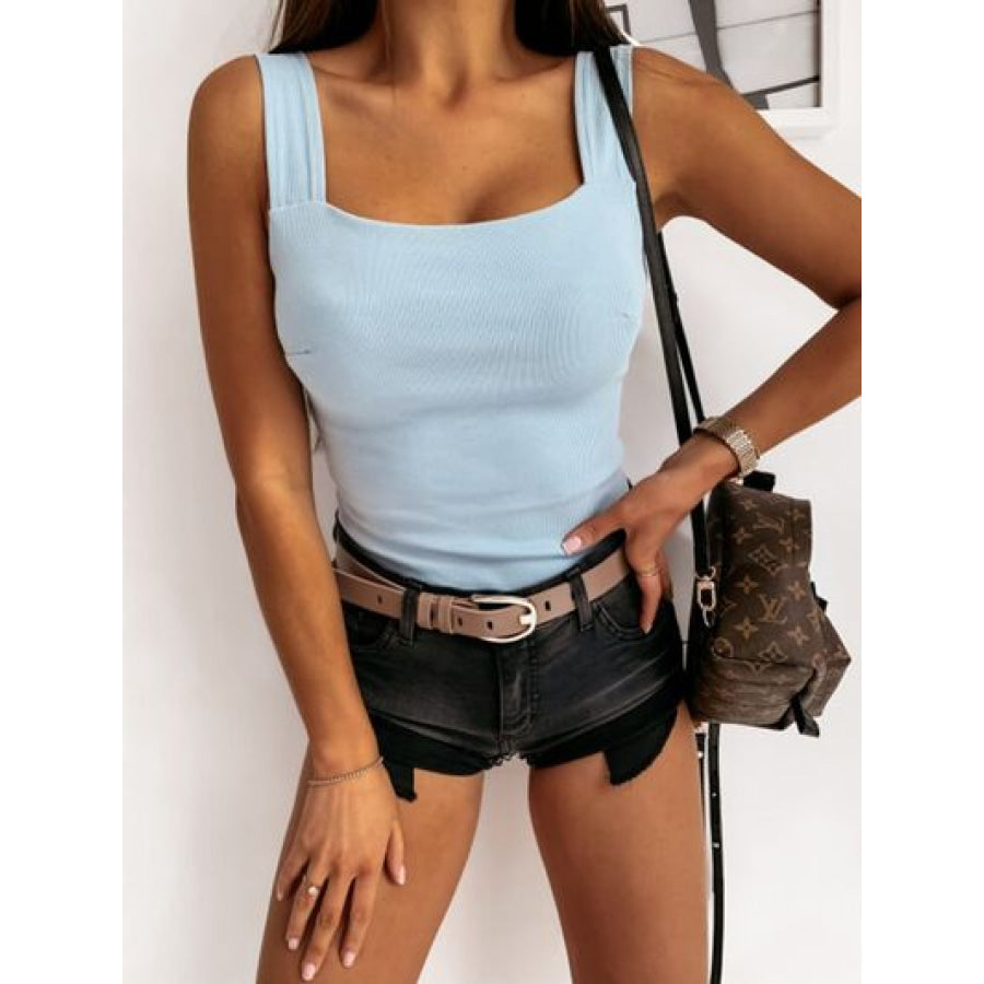 Square Neck Wide Strap Tank Misty Blue / S Apparel and Accessories