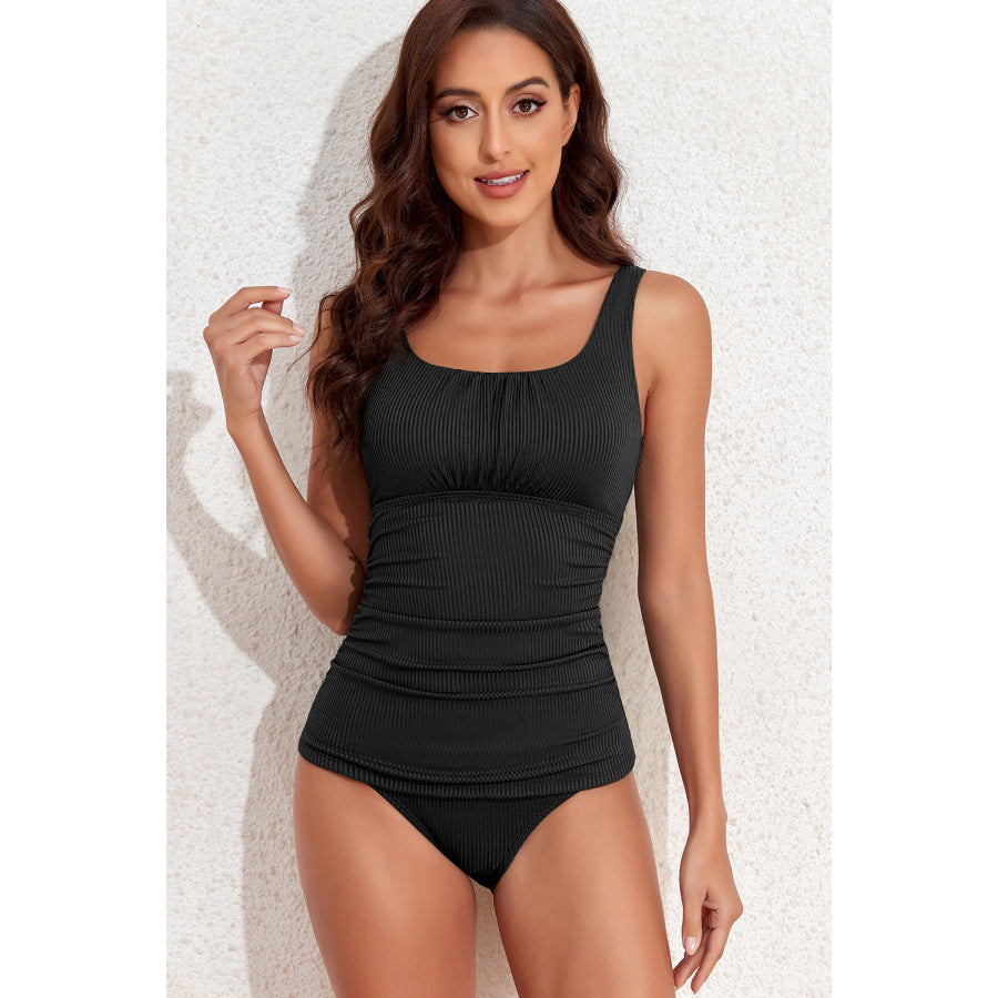 Square Neck Wide Strap Tankini Set Black / S Apparel and Accessories