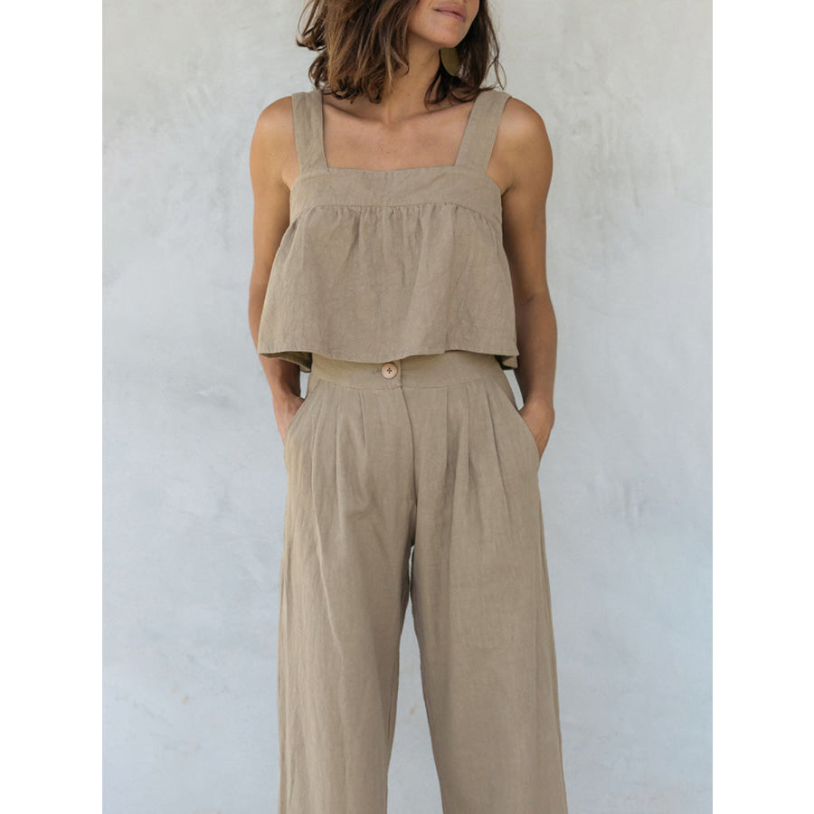 Square Neck Wide Strap Top and Pants Set Khaki / S Apparel and Accessories