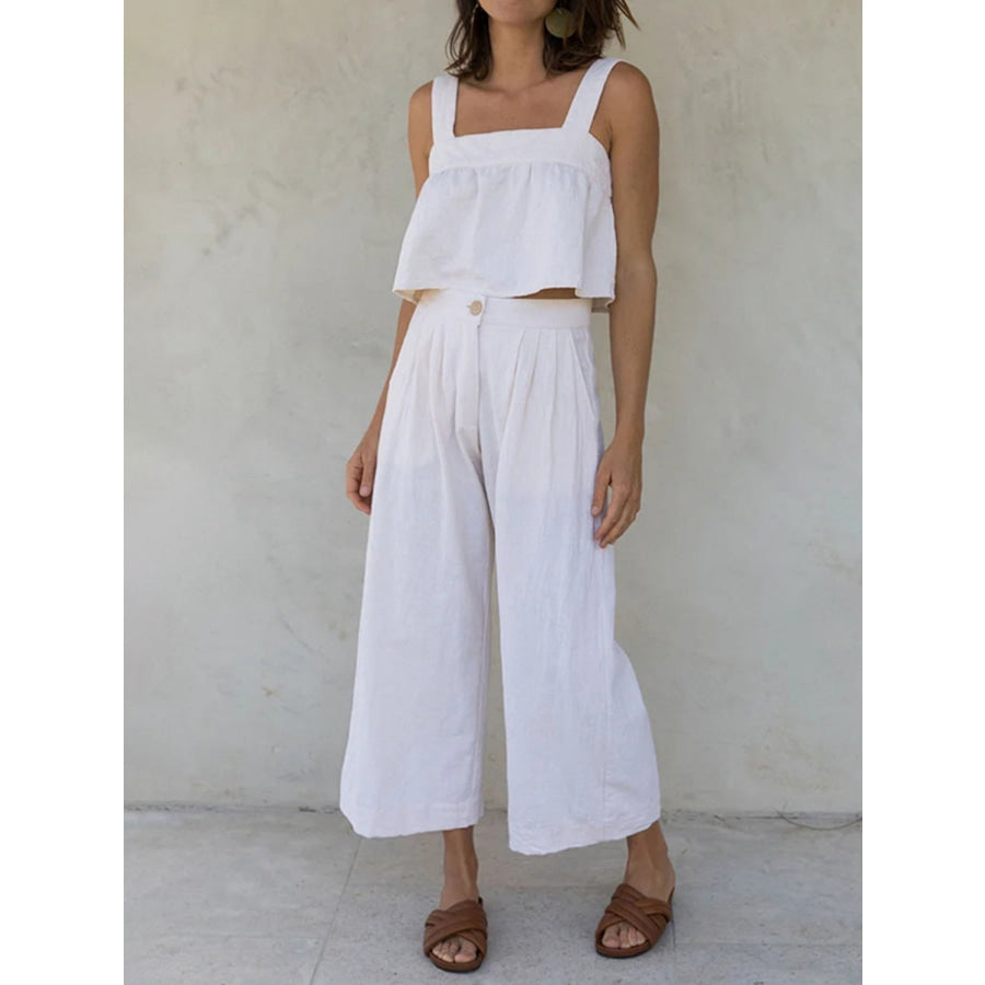 Square Neck Wide Strap Top and Pants Set White / S Apparel and Accessories