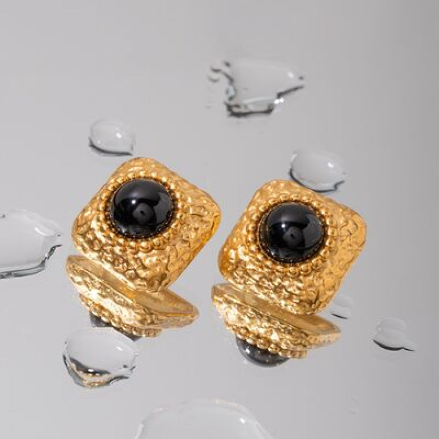 Square Stainless Steel Natural Black Onyx Earring Gold / One Size Apparel and Accessories