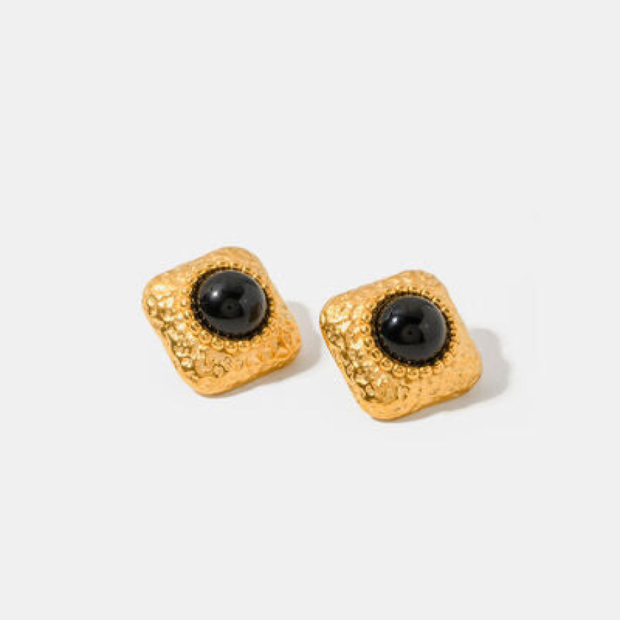 Square Stainless Steel Natural Black Onyx Earring Gold / One Size Apparel and Accessories