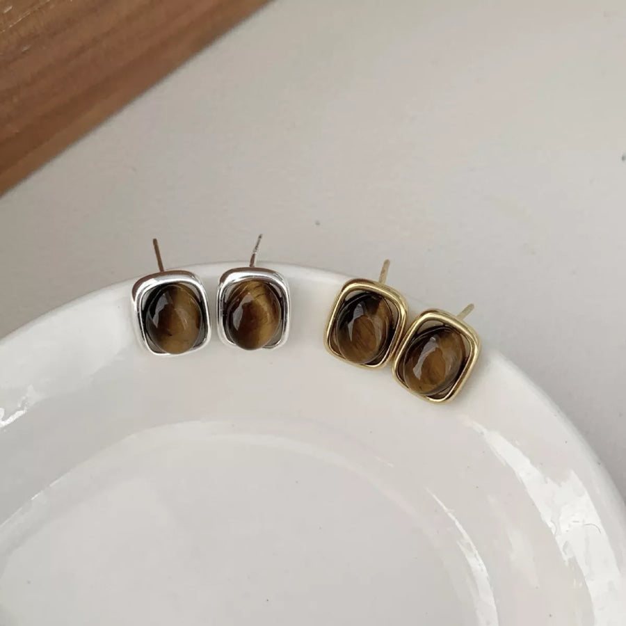 Square Tiger Eye Stud Earrings Apparel and Accessories