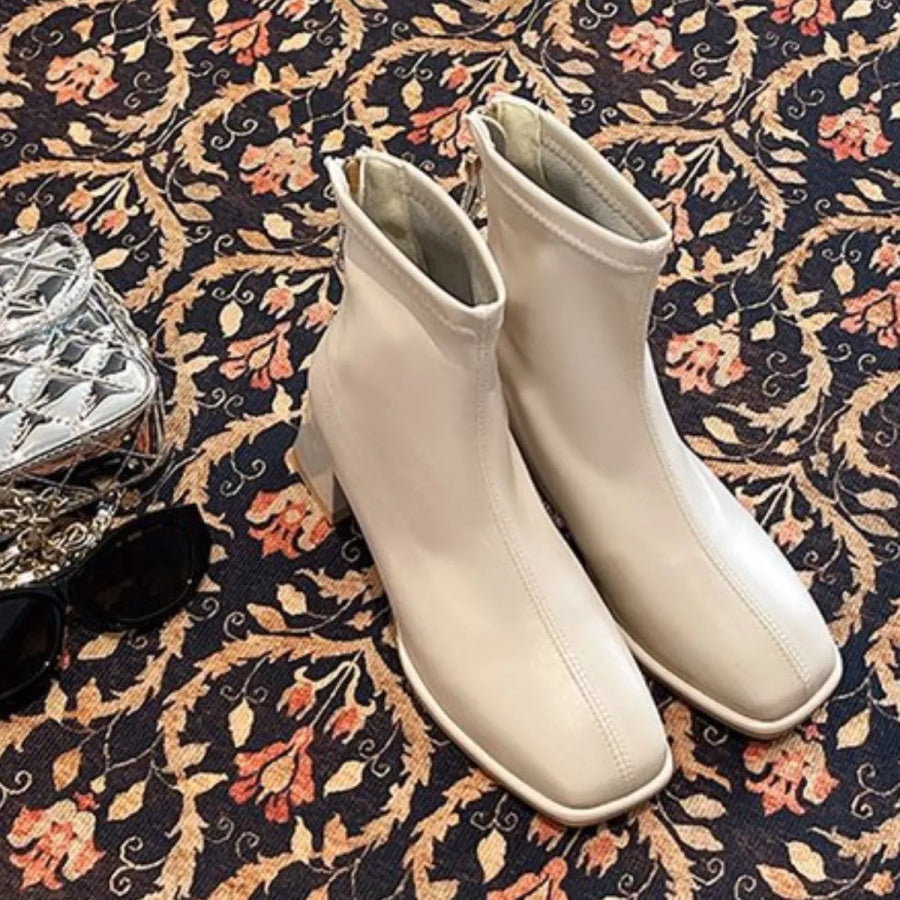Square Toe Block Heels Boots Beige / 35 Apparel and Accessories