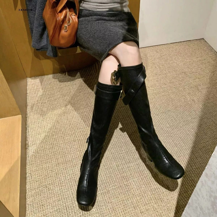 Square Toe Block Heels Boots Black / 35 Apparel and Accessories