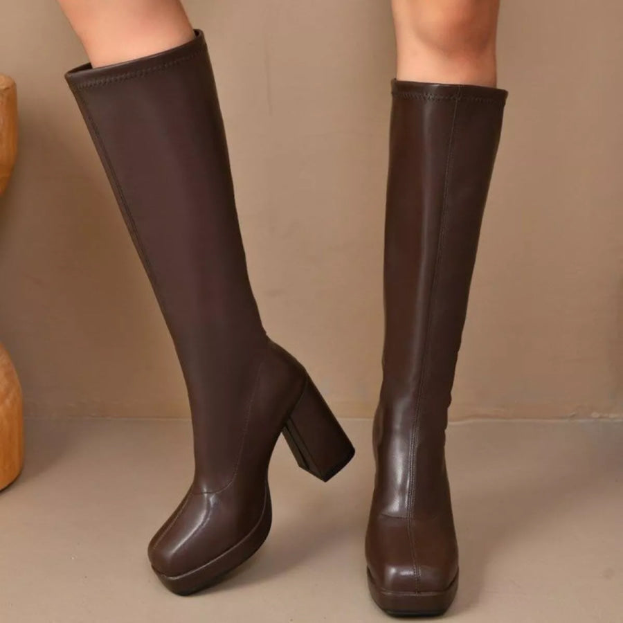 Square Toe Block Heels Boots Brown / 35 Apparel and Accessories