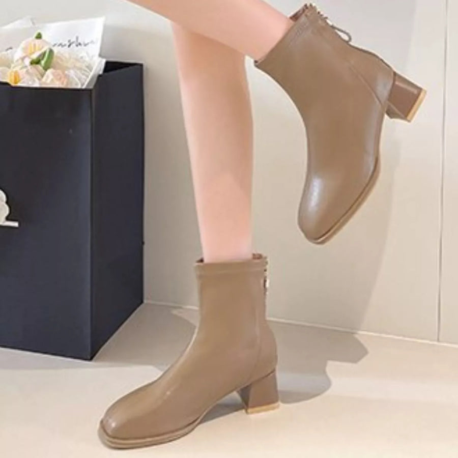 Square Toe Block Heels Boots Camel / 35 Apparel and Accessories