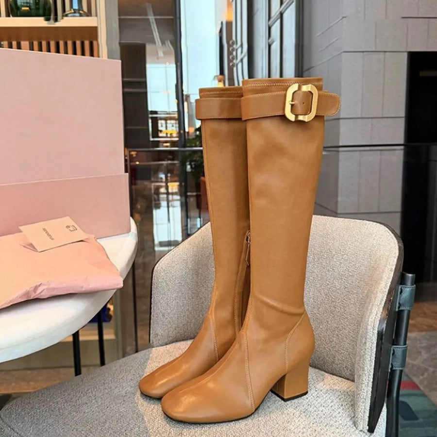 Square Toe Block Heels Boots Caramel / 35 Apparel and Accessories