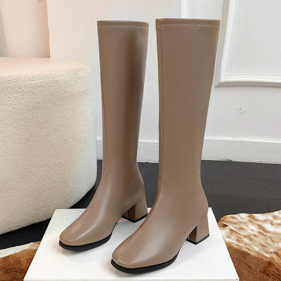 Square Toe Block Heels Boots Khaki / 35 Apparel and Accessories