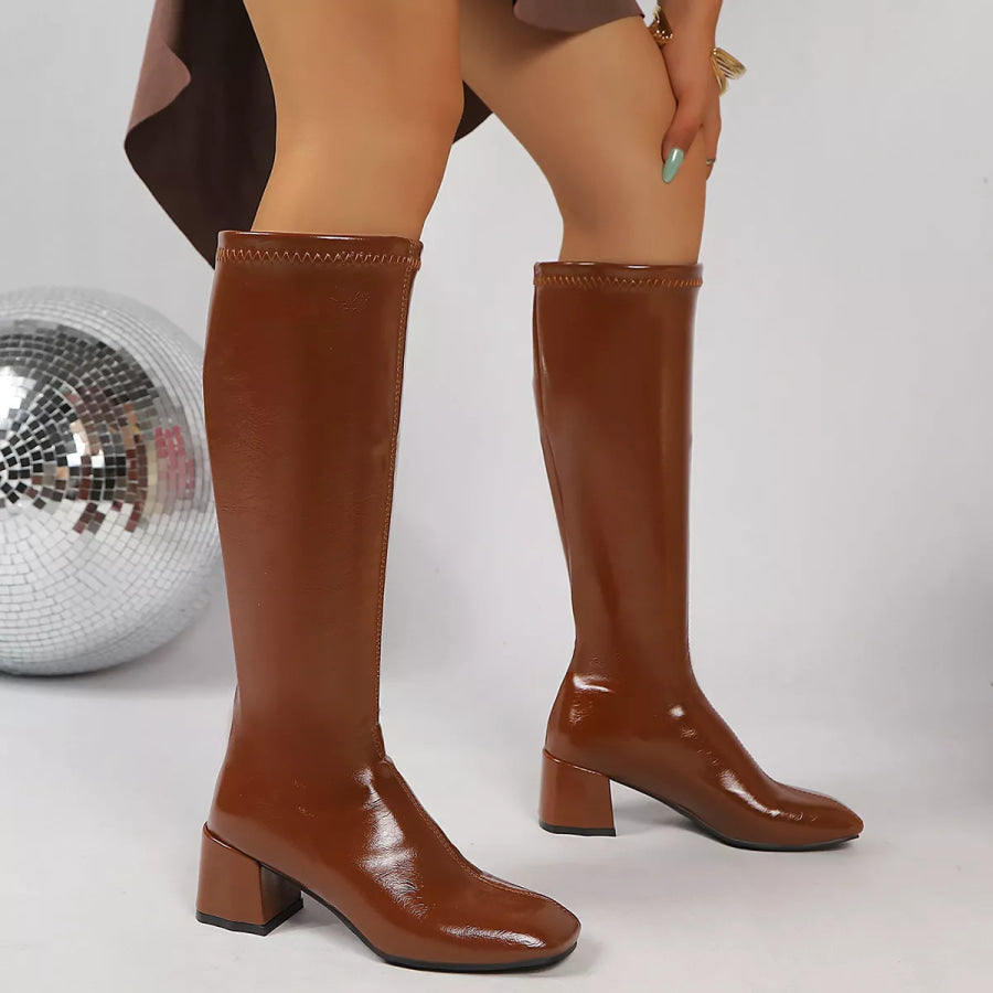 Square Toe Block Heels Boots Khaki / 35 Apparel and Accessories