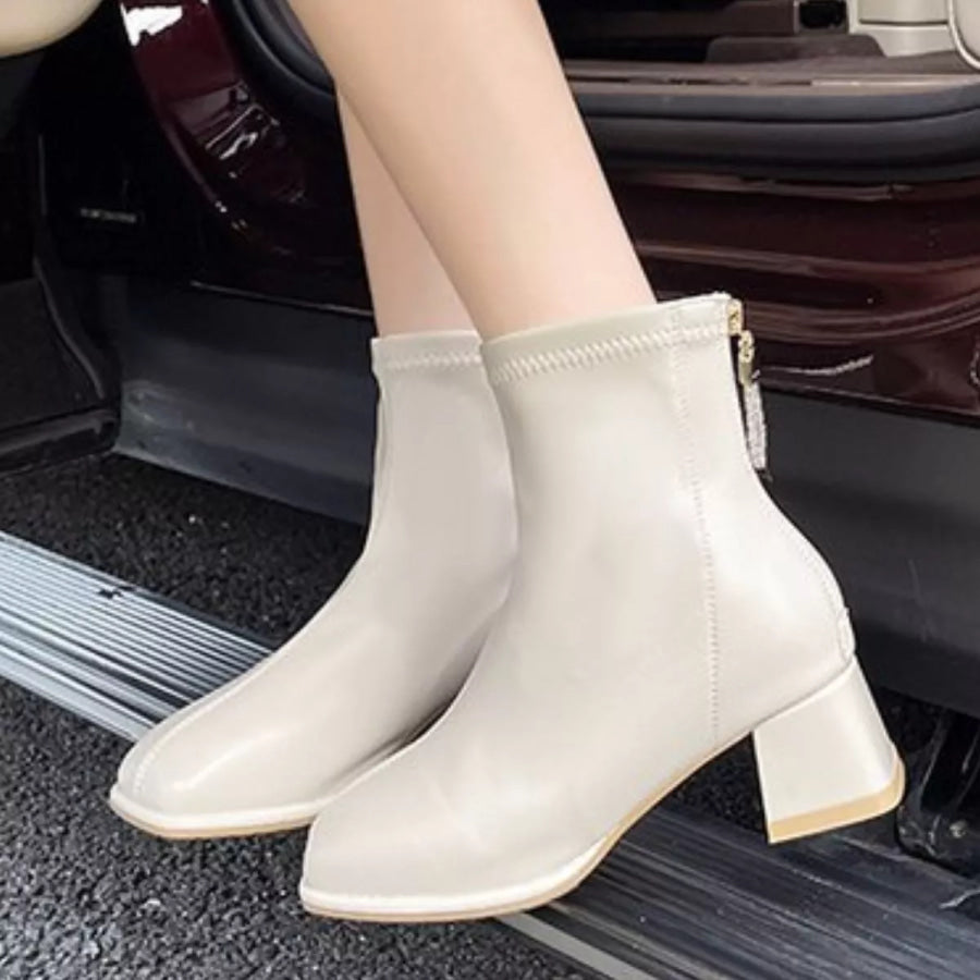 Square Toe Block Heels Boots White / 35 Apparel and Accessories