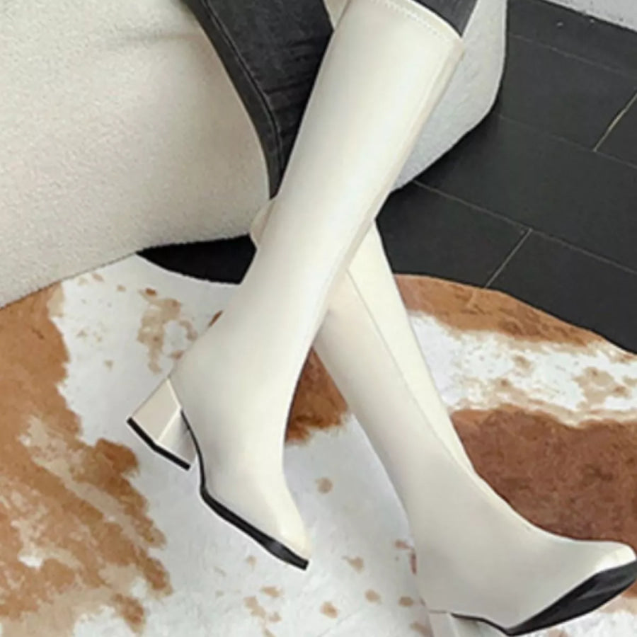 Square Toe Block Heels Boots White / 35 Apparel and Accessories