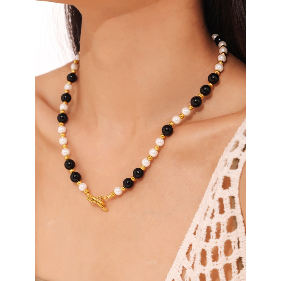 Stainless Steel Agate Shell Bead Necklace Gold / One Size Apparel and Accessories