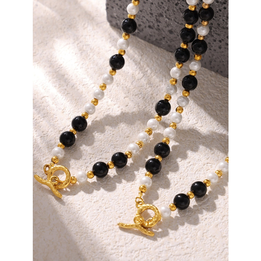 Stainless Steel Agate Shell Bead Necklace Gold / One Size Apparel and Accessories