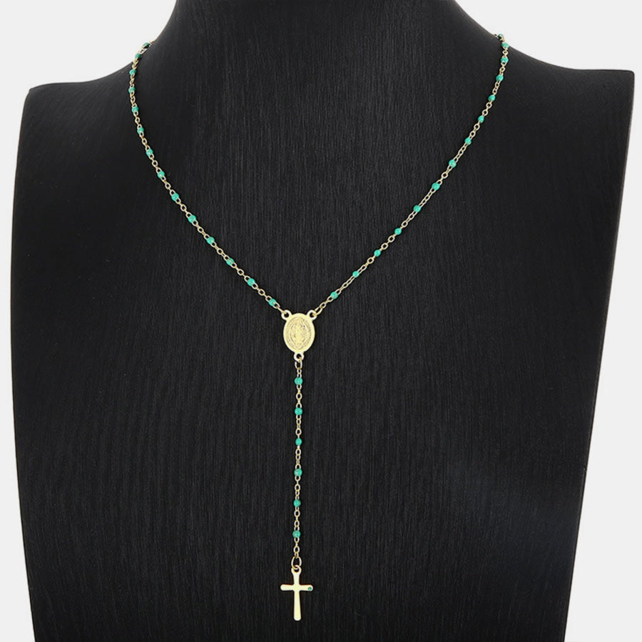 Stainless Steel Beaded Cross Necklace Teal / One Size Apparel and Accessories