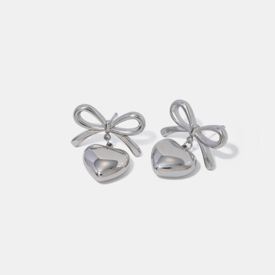 Stainless Steel Bow &amp; Heart Drop Earrings Silver / One Size Apparel and Accessories