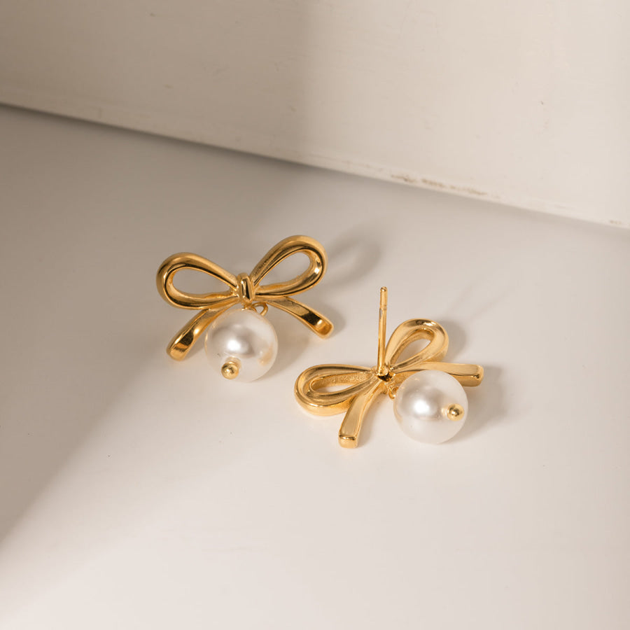 Stainless Steel Bow Pearl Earrings Gold / One Size Apparel and Accessories