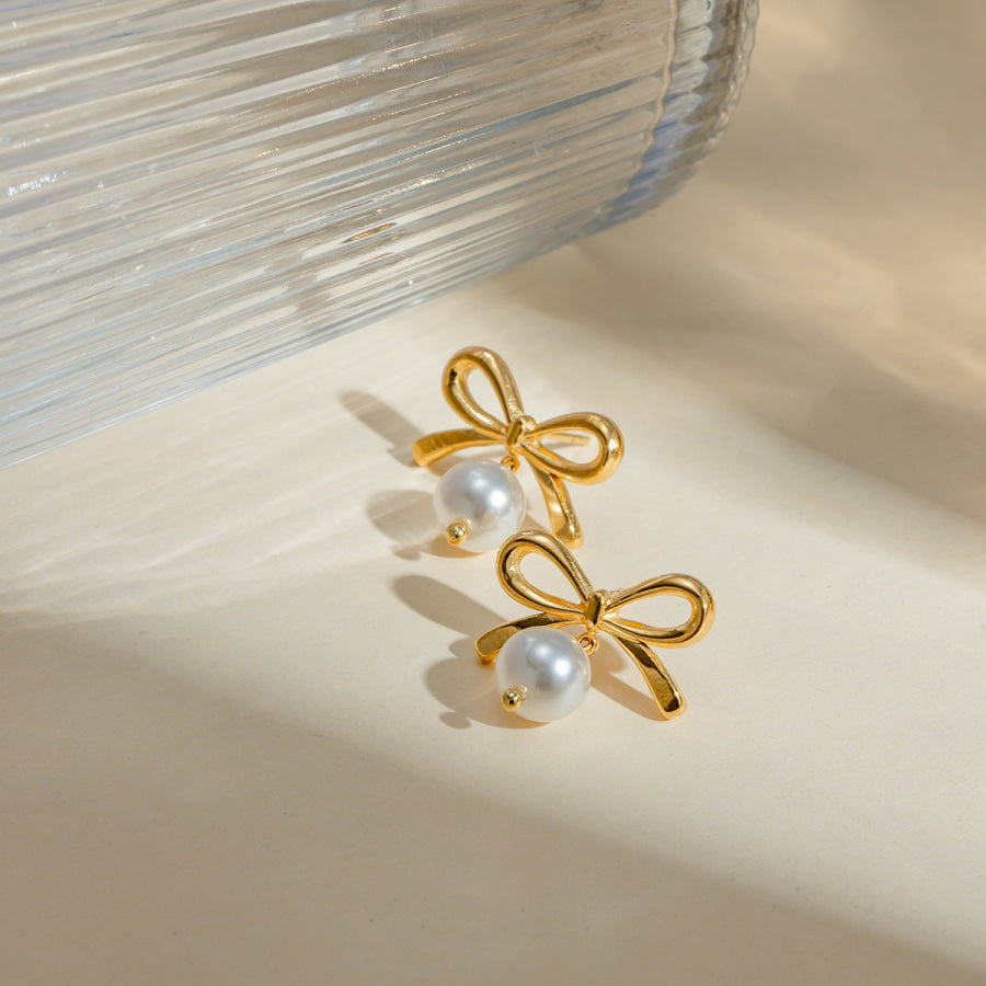 Stainless Steel Bow Pearl Earrings Gold / One Size Apparel and Accessories