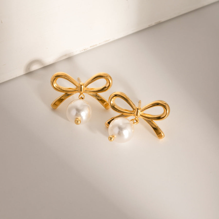 Stainless Steel Bow Pearl Earrings Gold / One Size Apparel and Accessories