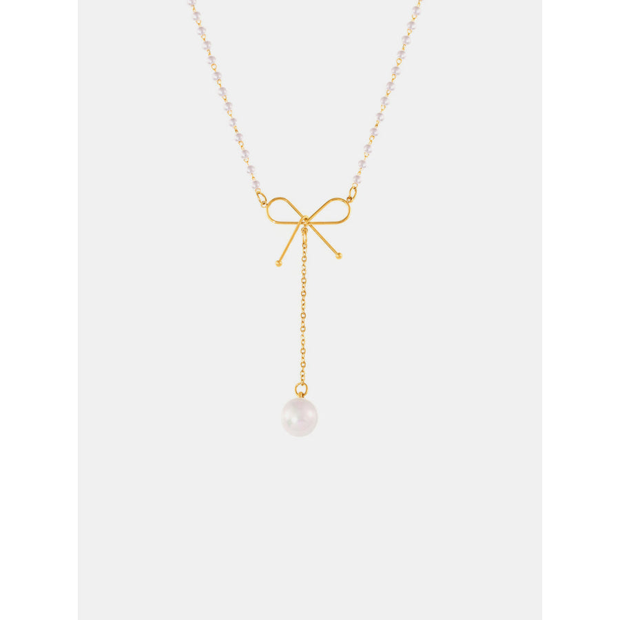 Stainless Steel Bow Pendant Necklace with Pearls Gold / One Size Apparel and Accessories