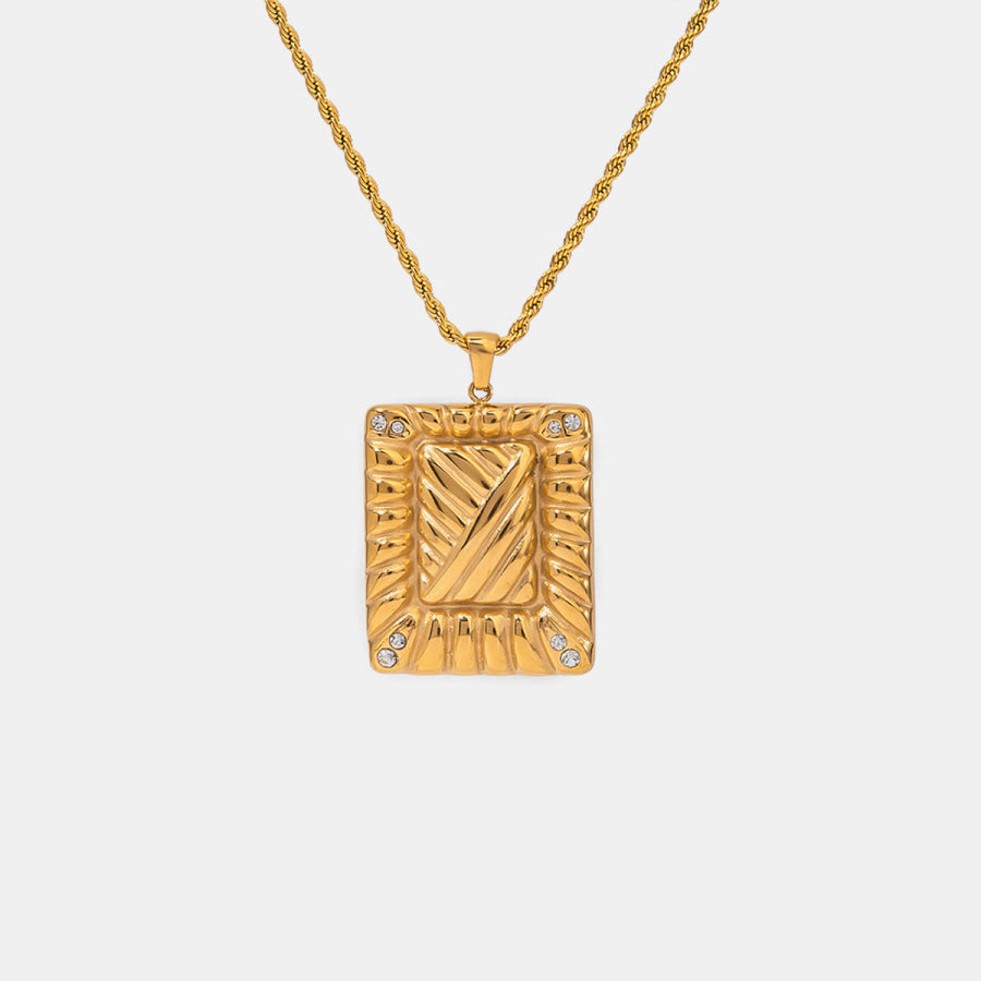 Stainless Steel Inlaid Rhinestone Rectangle Shape Pendant Necklace Gold / One Size Apparel and Accessories