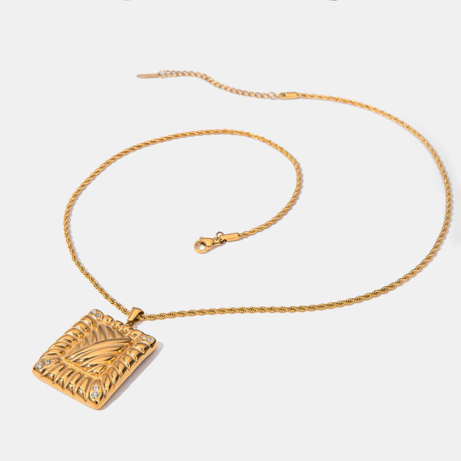 Stainless Steel Inlaid Rhinestone Rectangle Shape Pendant Necklace Gold / One Size Apparel and Accessories