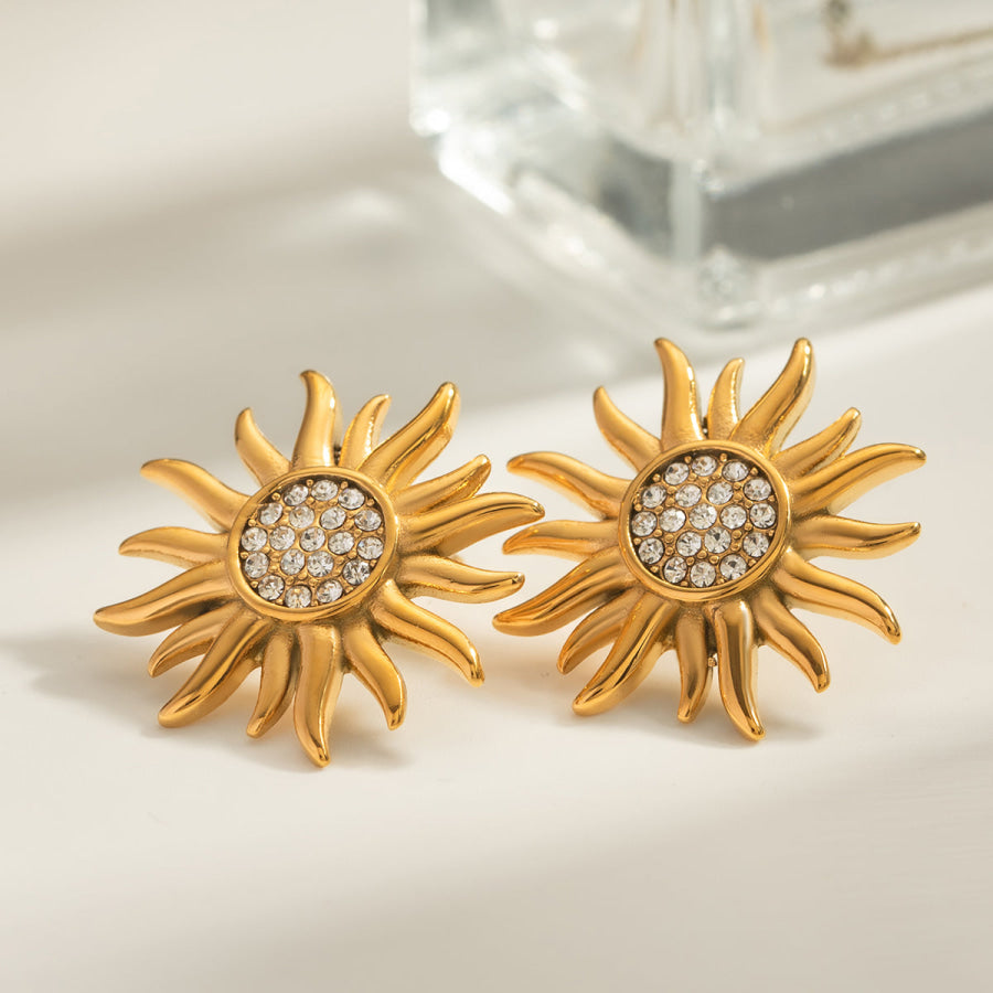 Stainless Steel Inlaid Rhinestone Sun Shape Stud Earrings Gold / One Size Apparel and Accessories