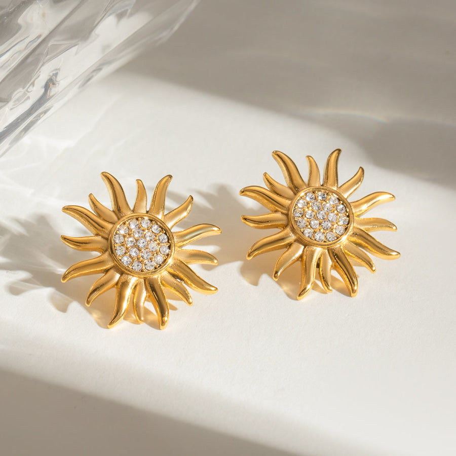 Stainless Steel Inlaid Rhinestone Sun Shape Stud Earrings Gold / One Size Apparel and Accessories