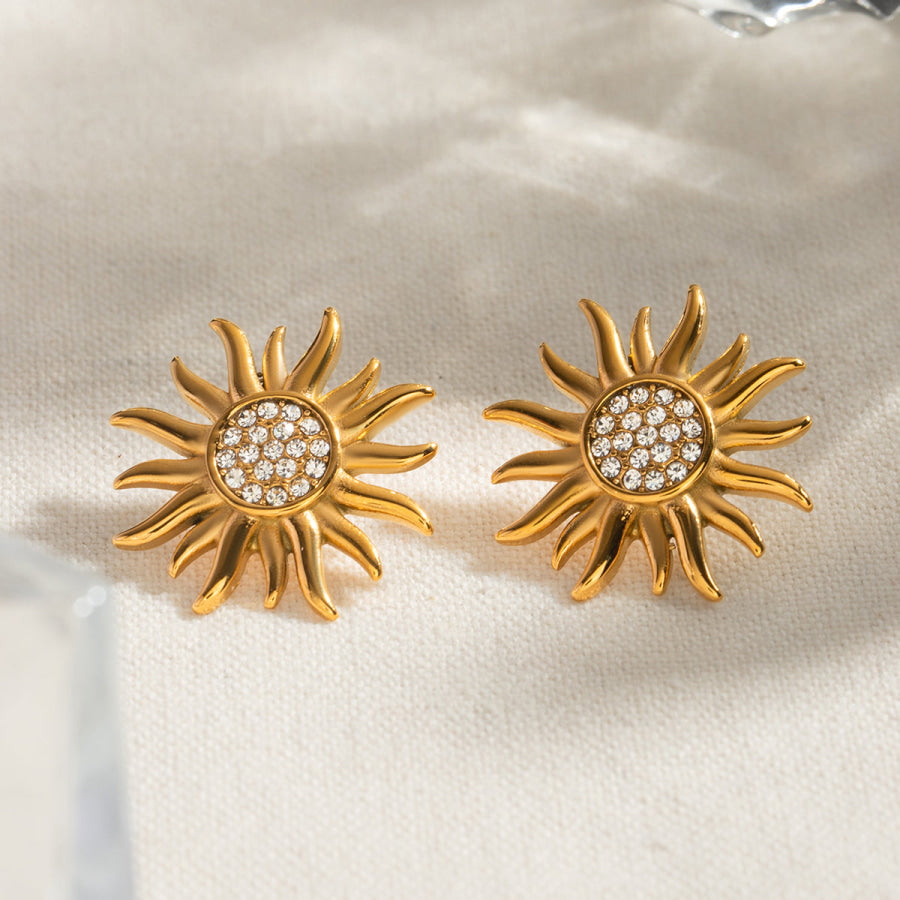 Stainless Steel Inlaid Rhinestone Sun Shape Stud Earrings Gold / One Size Apparel and Accessories