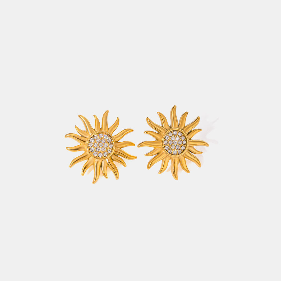 Stainless Steel Inlaid Rhinestone Sun Shape Stud Earrings Gold / One Size Apparel and Accessories