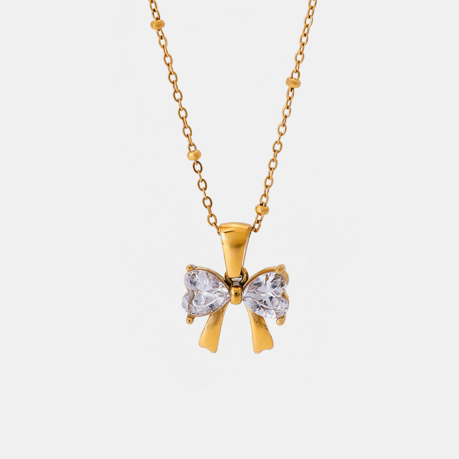 Stainless Steel Inlaid Zircon Bow Necklace Gold / One Size Apparel and Accessories