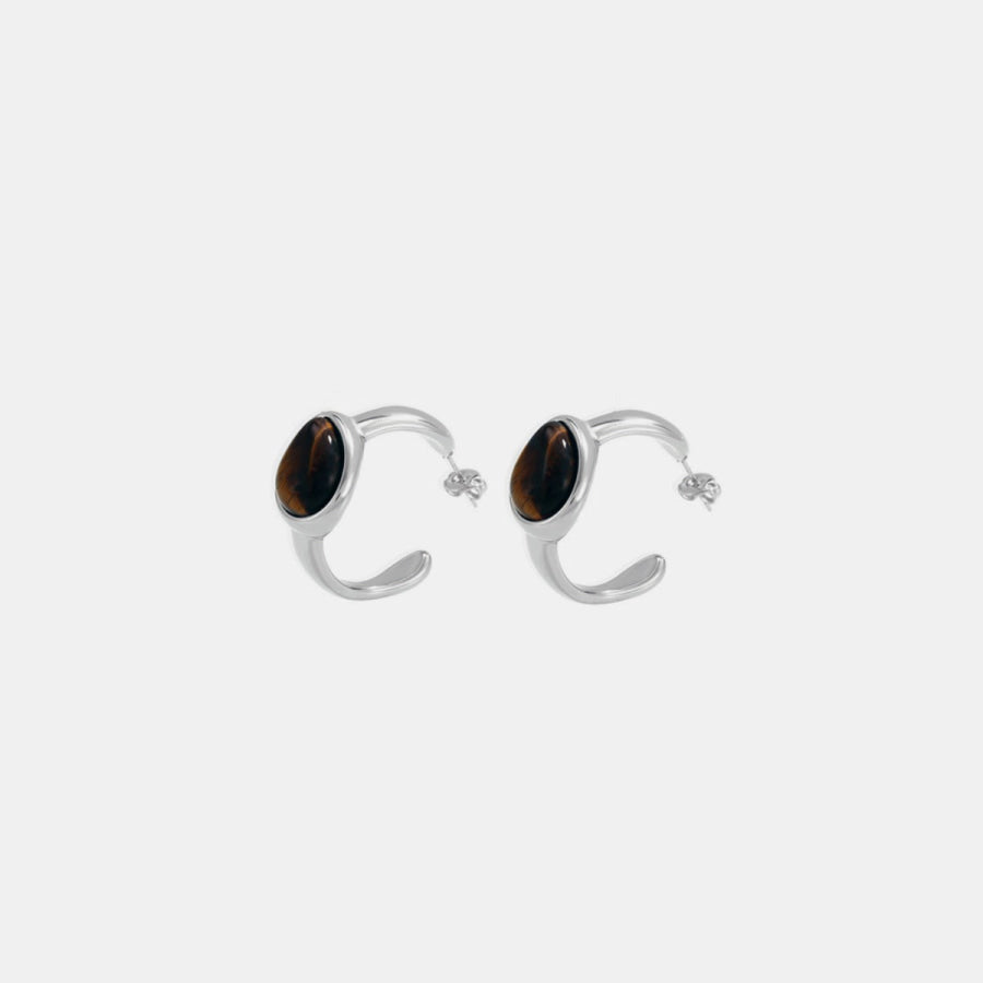 Stainless Steel Natural Tiger’s Eye C-Hoop Earrings Apparel and Accessories