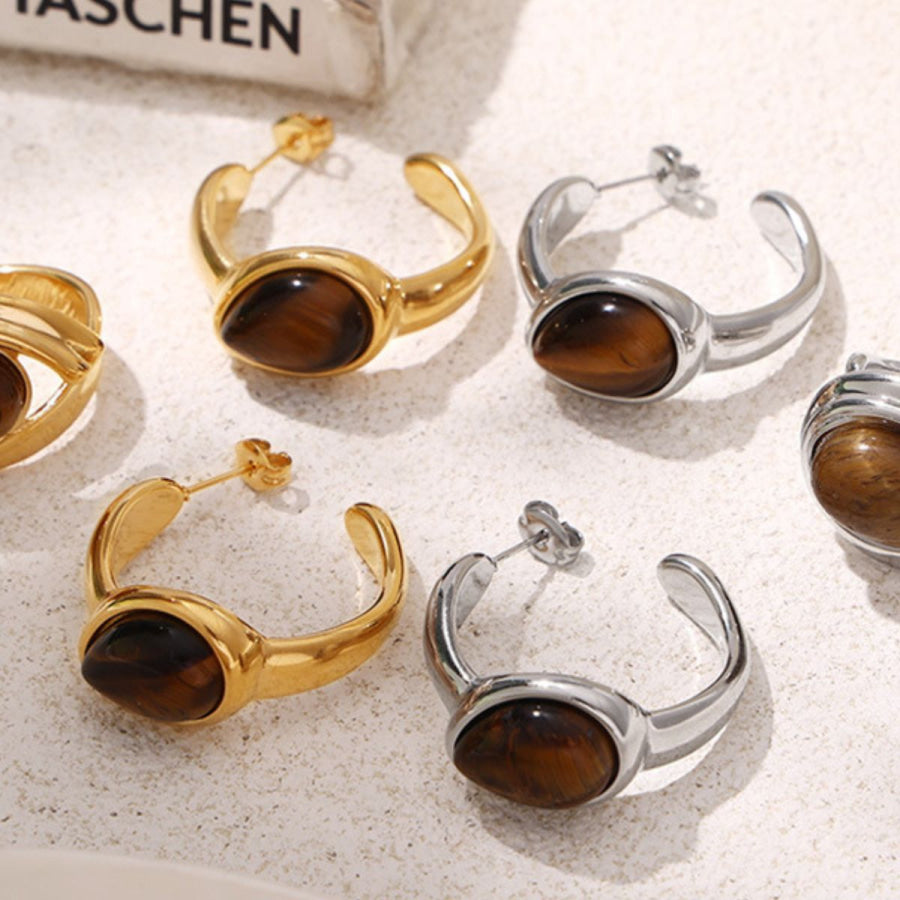 Stainless Steel Natural Tiger’s Eye C-Hoop Earrings Apparel and Accessories