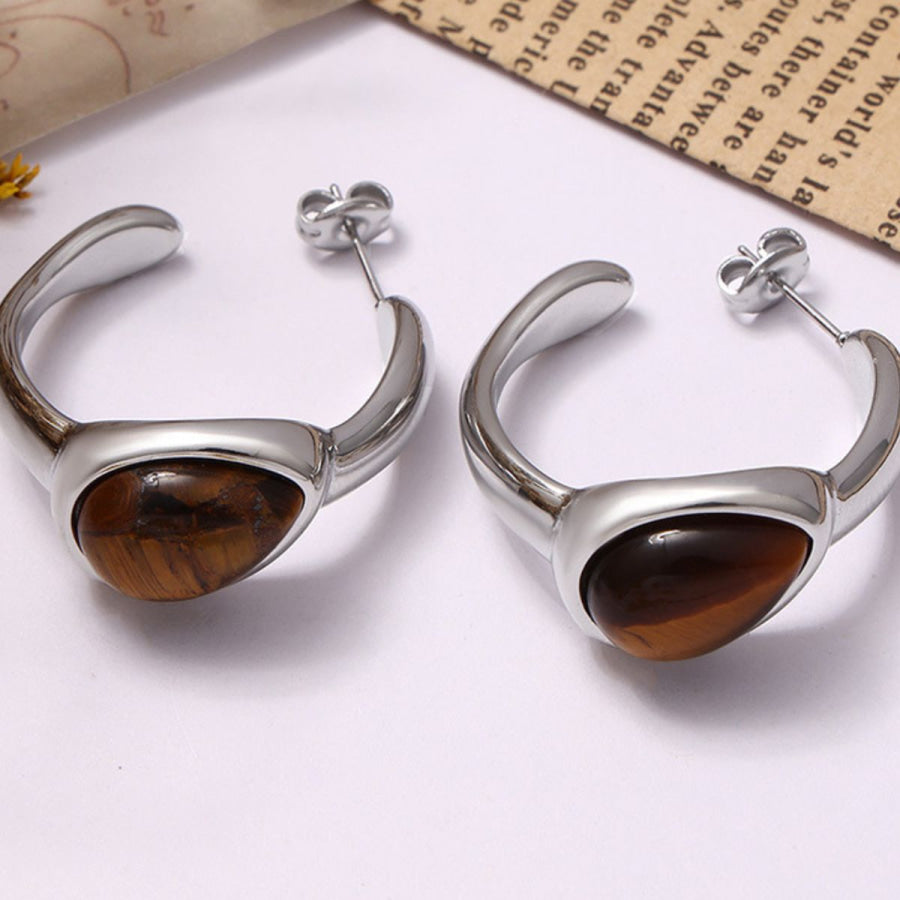 Stainless Steel Natural Tiger’s Eye C-Hoop Earrings Apparel and Accessories