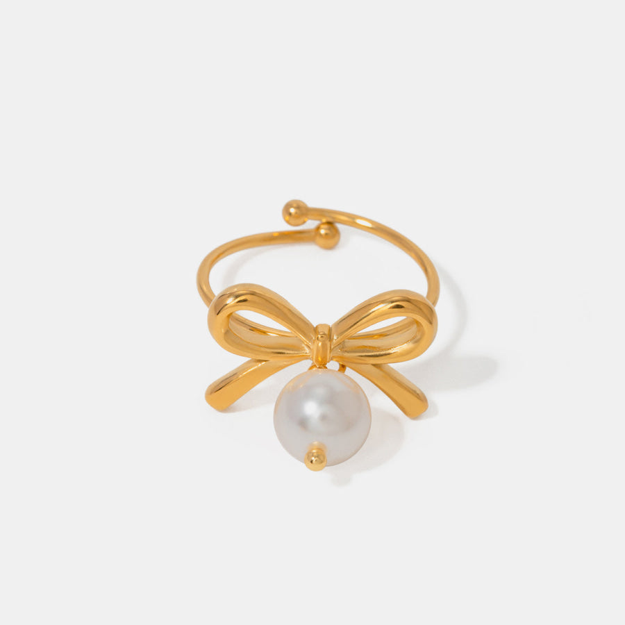 Stainless Steel Pearl Bow Ring Gold / One Size Apparel and Accessories