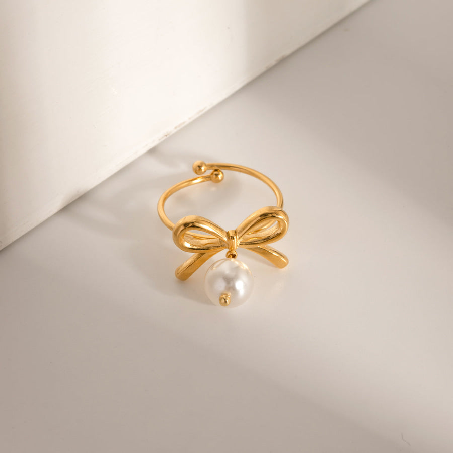 Stainless Steel Pearl Bow Ring Gold / One Size Apparel and Accessories