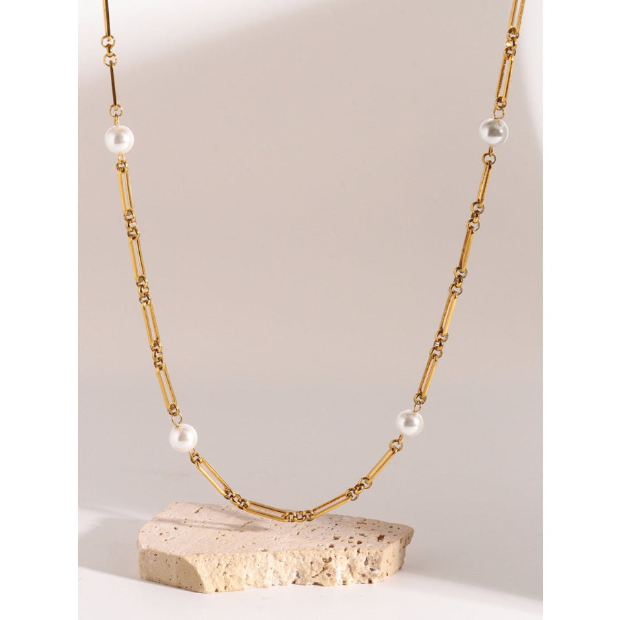 Stainless Steel Pearl Chain Necklace Gold / One Size Apparel and Accessories